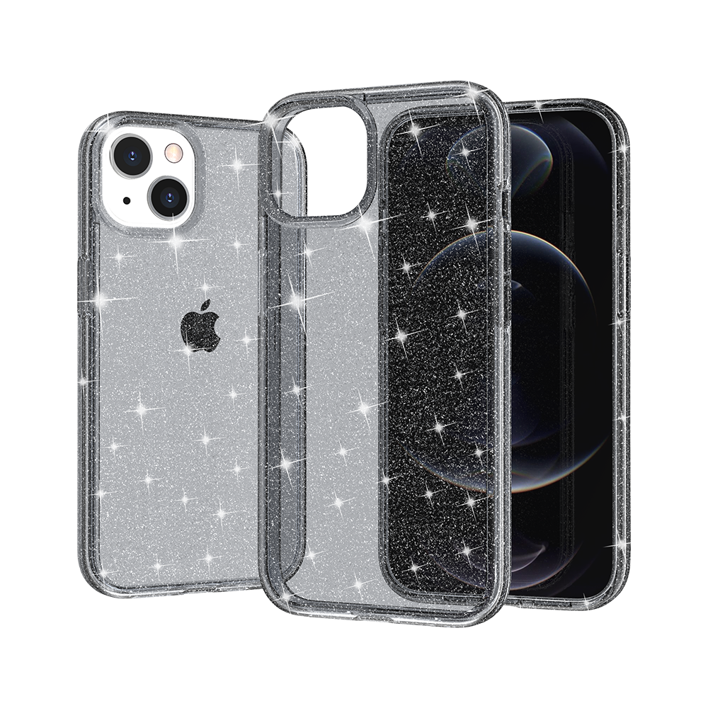 For Apple iPhone 14 Pro (6.1") Transparent Glitter Shiny Sparkle Bling TPU Rubber Hard Back Hybrid Frame Shockproof Gray Smoke Phone Case Cover