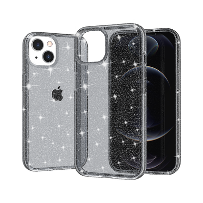 For Apple iPhone 14 Pro (6.1") Transparent Glitter Shiny Sparkle Bling TPU Rubber Hard Back Hybrid Frame Shockproof Gray Smoke Phone Case Cover