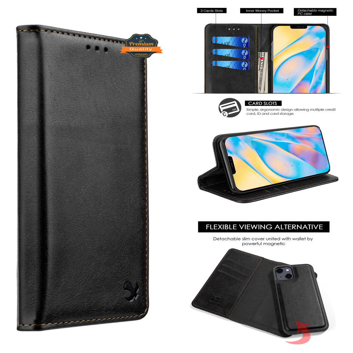 For Apple iPhone 14 /Plus Pro Max Leather Wallet Pouch Magnetic Detachable Card Slot Removable Flip Stand  Phone Case Cover