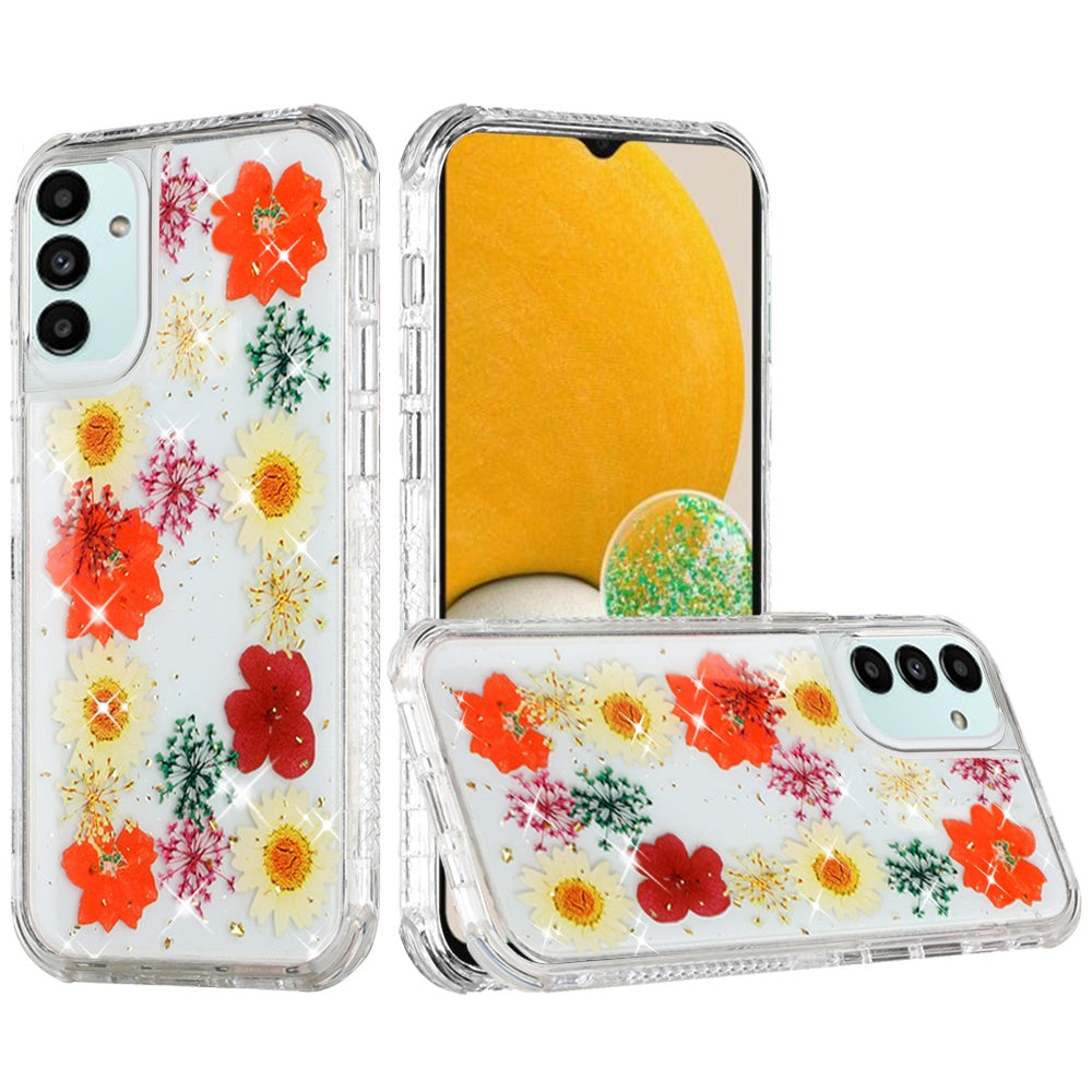 For Samsung Galaxy A13 4G Beautiful Sparkle Glitter Floral Epoxy Design Shockproof Hybrid Fashion Bling Rubber TPU  Phone Case Cover