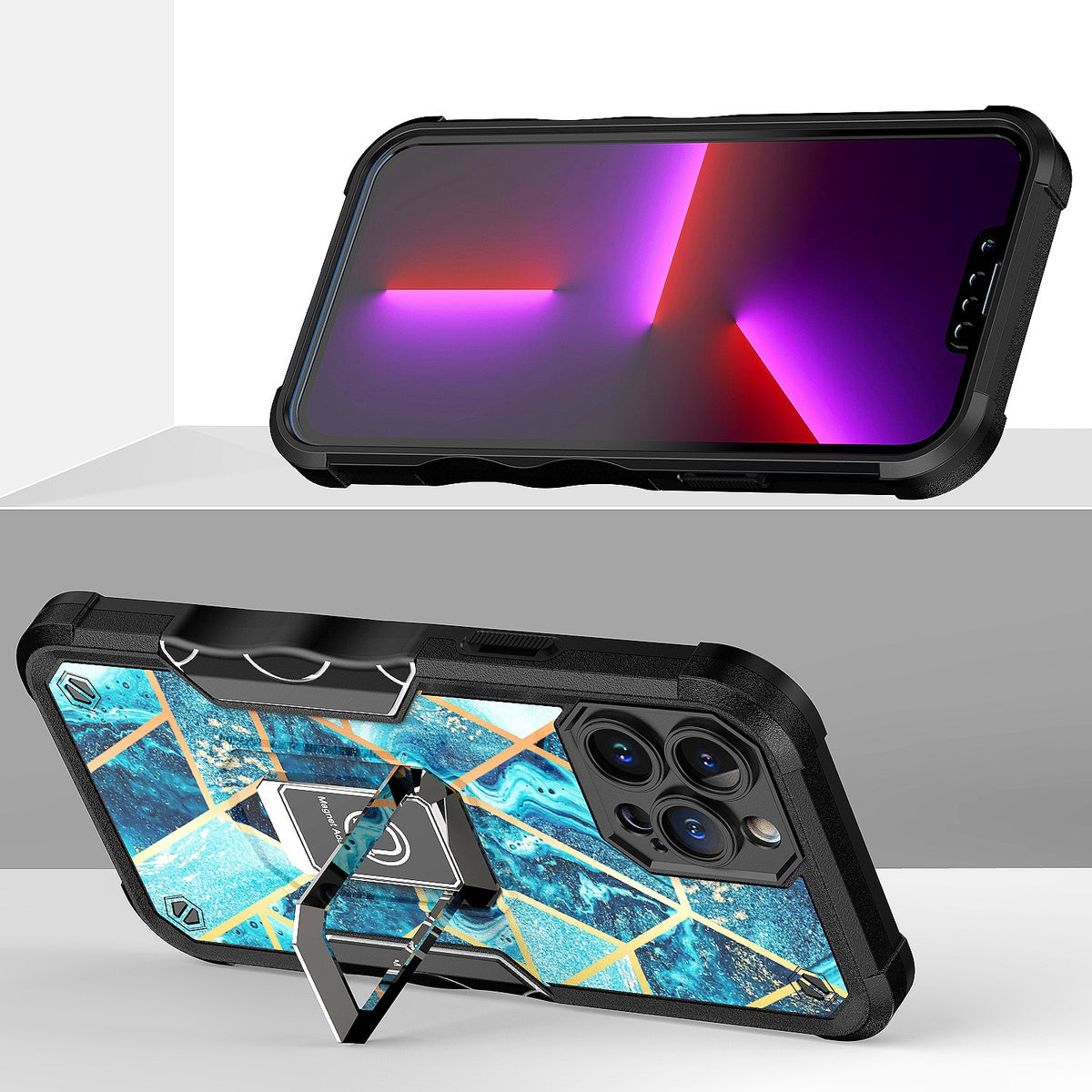 For Apple iPhone 14 Pro Max (6.7") Marble IMD Stone Design Hybrid Magnetic Ring Stand Kickstand Heavy Duty Rugged  Phone Case Cover