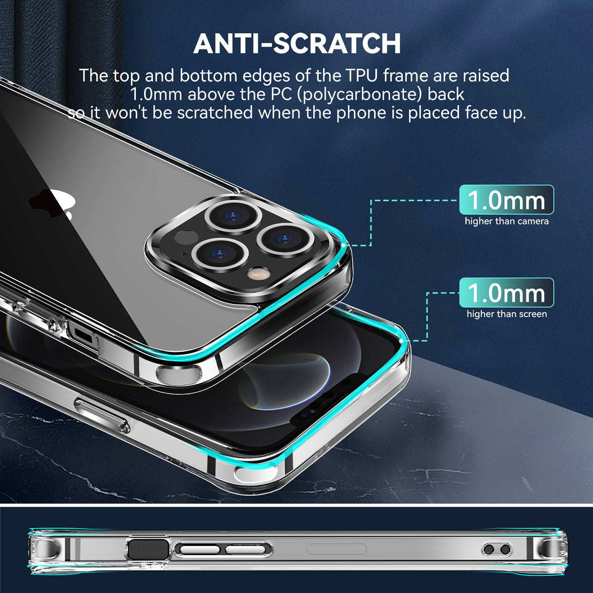 For Apple iPhone 14 Pro (6.1") Hybrid HD Crystal Clear Hard PC Back Gummy TPU Frame Slim Thin Fit with Chromed Buttons Transparent Phone Case Cover