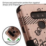 For LG V40 ThinQ Hybrid Three Layer Hard PC Shockproof Heavy Duty TPU Rubber Anti-Drop Rose Gold Lace Flowers Phone Case Cover