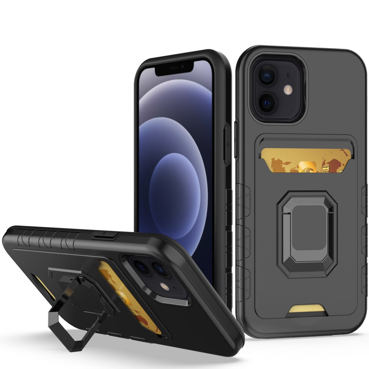 For Apple iPhone 14 Pro (6.1") Wallet Designed Credit Card Holder & Magnetic Stand Kickstand Ring Heavy Duty Hybrid  Phone Case Cover