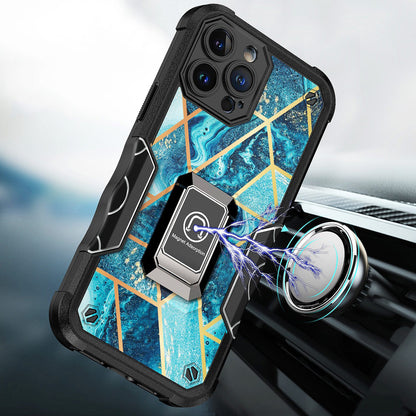 For iPhone 14 Pro (6.1") Marble IMD Stone Design Hybrid Armor Magnetic Ring Stand Kickstand Heavy Duty Rugged  Phone Case Cover
