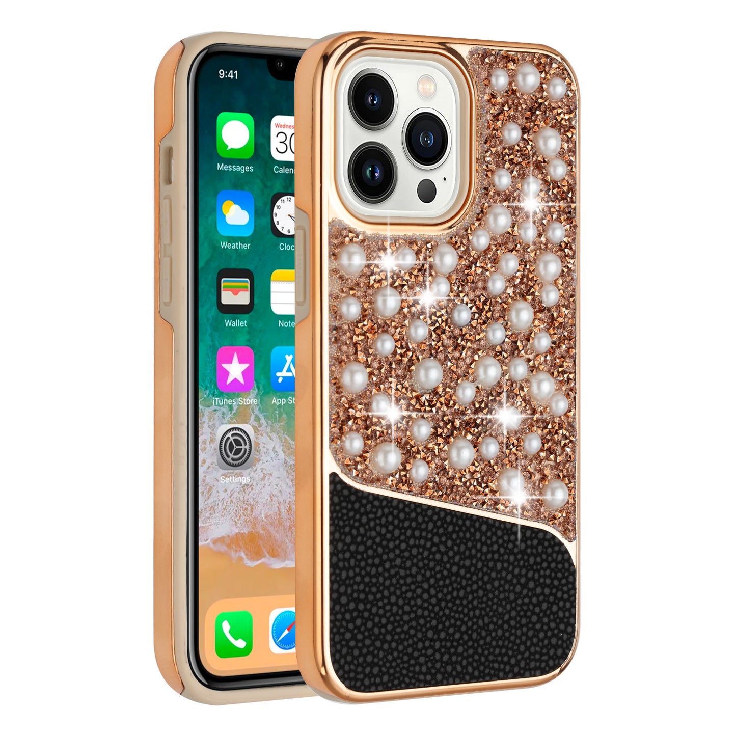 For Apple iPhone 14 Pro (6.1") Bling Pearl Diamonds Design Glitter Hybrid Thick Hard TPU Shiny Protective Rubber Frame  Phone Case Cover