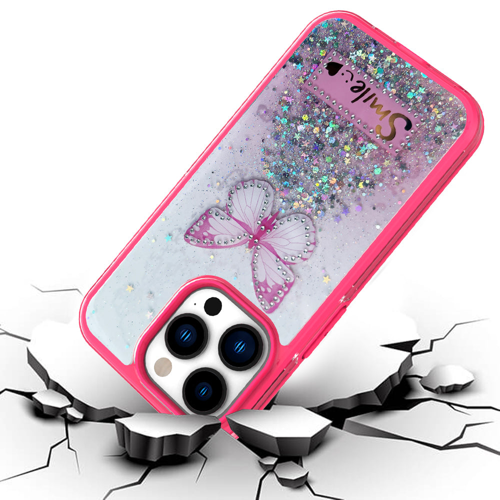 For Apple iPhone 13 /Pro Max Butterfly Smile Glitter Bling Sparkle Epoxy Glittering Shining Hybrid Hard PC TPU Silicone Slim  Phone Case Cover