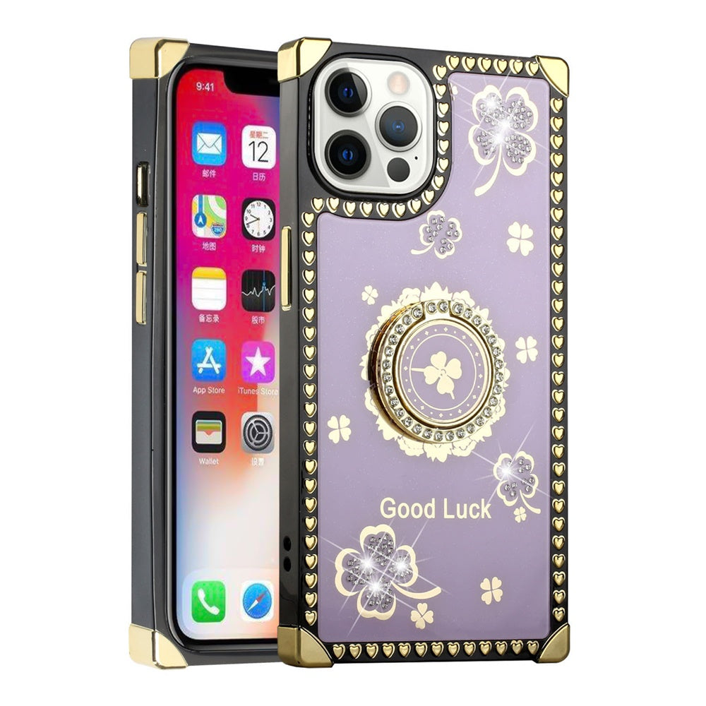 For Apple iPhone 13 Pro Max (6.7") Fashion Square Hearts Diamond Bling Sparkly Glitter Ornaments with Ring Stand  Phone Case Cover