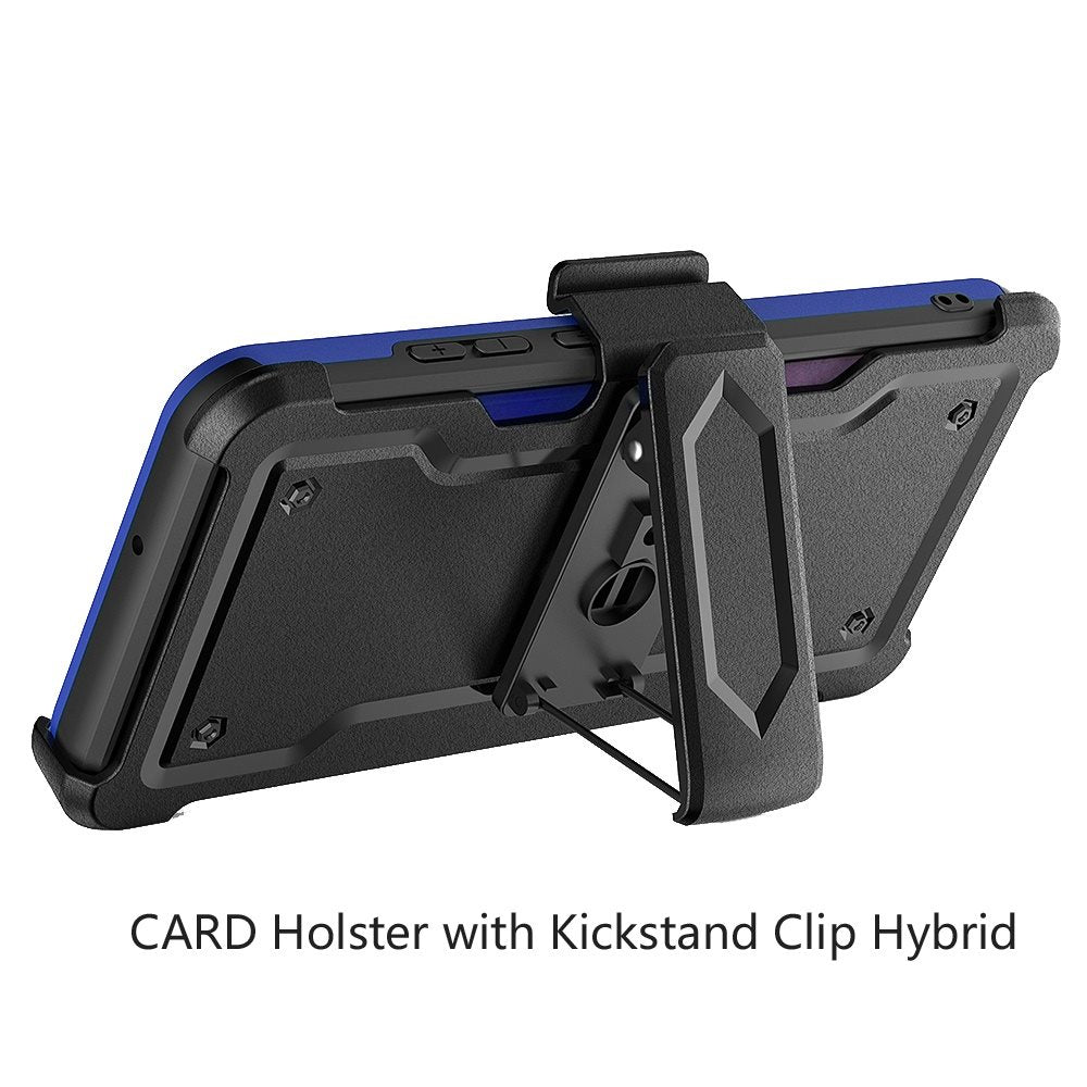 For Apple iPhone 14 (6.1") Armor Belt Clip with Credit Card Holder ID Slot, Holster, Kickstand Protective Heavy Duty Hybrid Blue Phone Case Cover