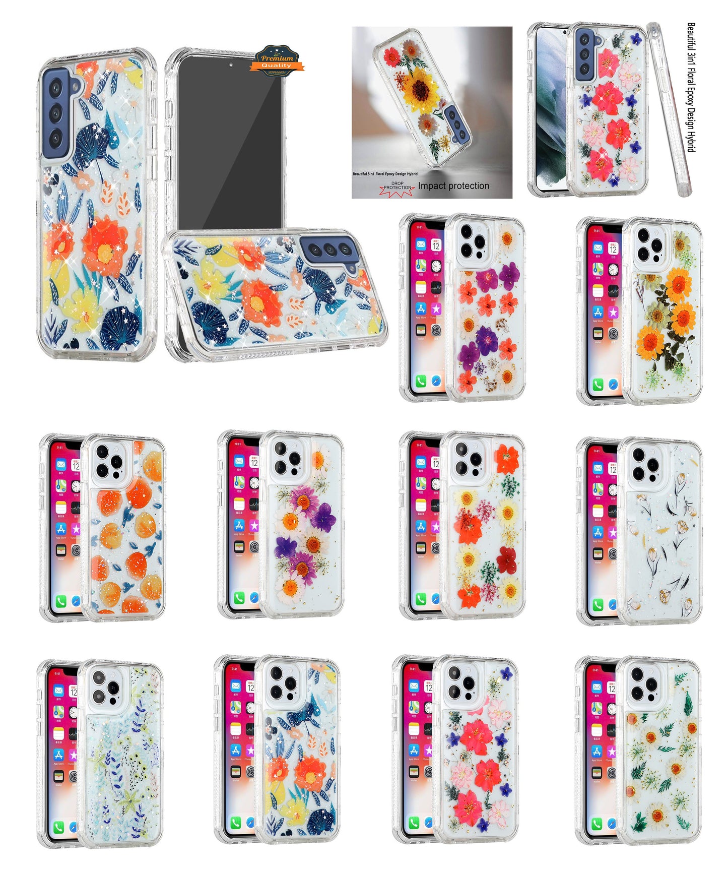 For Apple iPhone 14 Pro (6.1") Sparkle Glitter Floral Epoxy Design Shockproof Hybrid Fashion Bling Rubber TPU Hard  Phone Case Cover