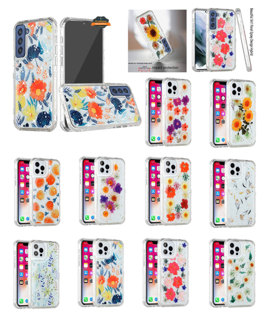 For Apple iPhone 14 (6.1") Sparkle Glitter Floral Epoxy Design Shockproof Hybrid Fashion Bling Rubber TPU Hard  Phone Case Cover