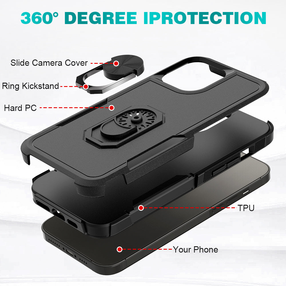 For Apple iPhone 14 Pro (6.1") Hybrid Rugged Hard Drop-Proof 3 Layer Protection Military Grade Armor Metal Ring Stand Black Phone Case Cover