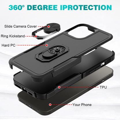 For Apple iPhone 14 Pro (6.1") Hybrid Rugged Hard Drop-Proof 3 Layer Protection Military Grade Armor Metal Ring Stand Black Phone Case Cover