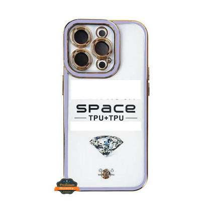 For Apple iPhone 14 /Plus Pro Max Golden Chrome Frame Transparent Hybrid with Lens Protector Shockproof PC Bumper  Phone Case Cover