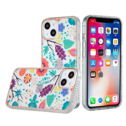 For Apple iPhone 13 (6.1") Stylish Design Floral IMD Hybrid Rubber TPU Hard PC Shockproof Armor Rugged Slim Fit  Phone Case Cover