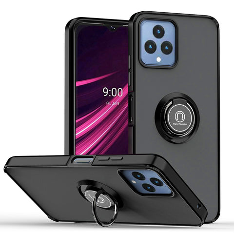 For T-Mobile Revvl 6 5G Hybrid Frosted Matte Hard Back PC + TPU Frame with Magnetic Ring Holder Stand Kickstand Black Phone Case Cover