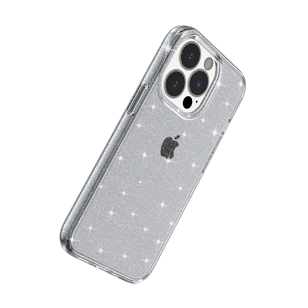For Apple iPhone 14 Pro (6.1") Transparent Glitter Shiny Sparkle Bling TPU Rubber Hard Back Hybrid Frame Shockproof Gray Smoke Phone Case Cover