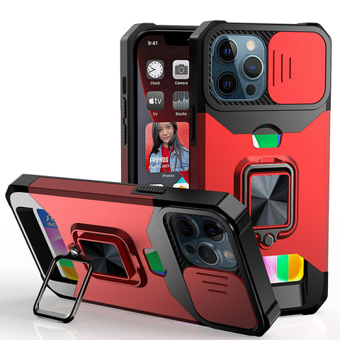For Apple iPhone 13 Pro Max (6.7") Wallet Case with Ring Stand & Slide Camera Cover Credit Card Slot Holder, Military Grade Red Phone Case Cover