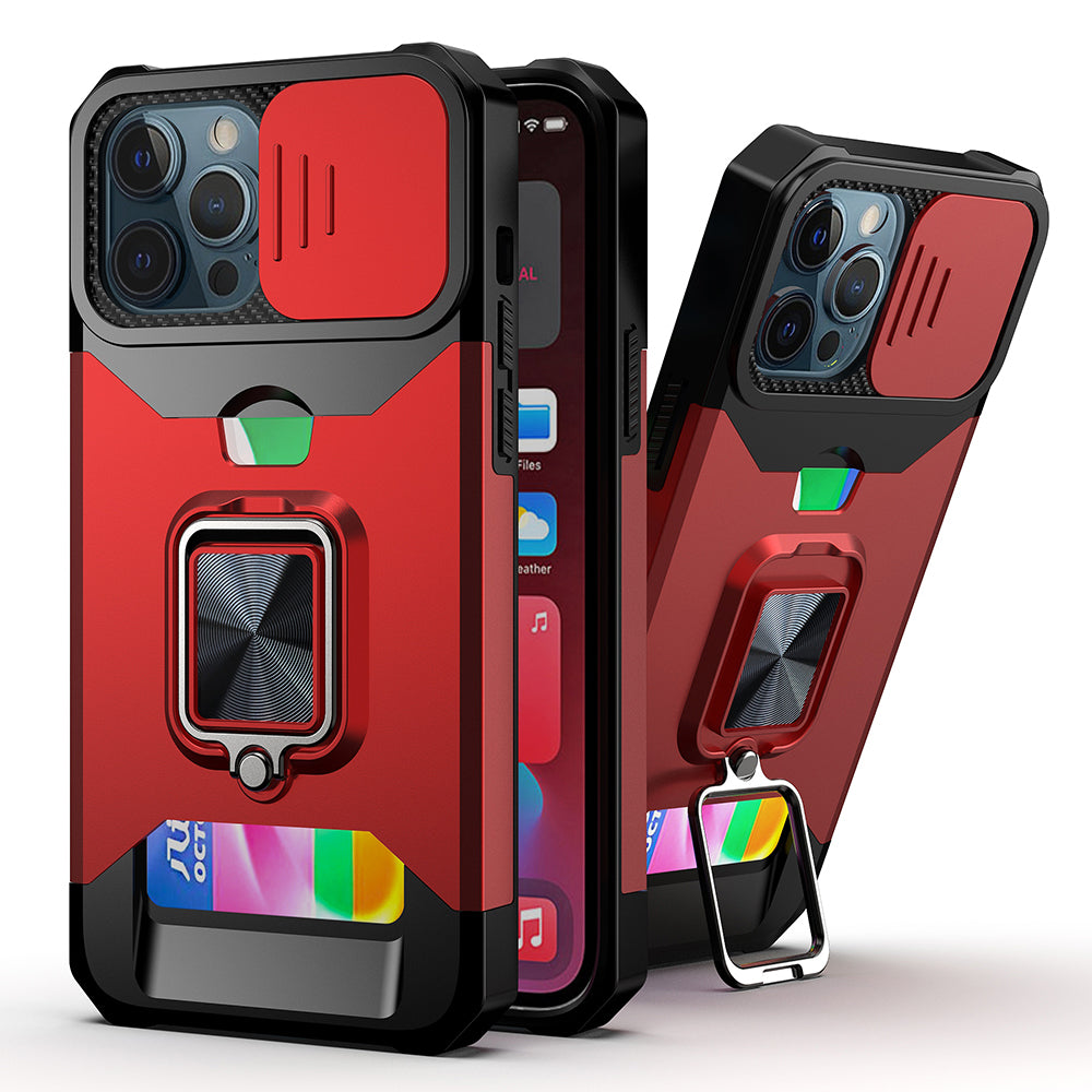 For Apple iPhone 13 Pro Max (6.7") Wallet Case with Ring Stand & Slide Camera Cover Credit Card Slot Holder, Military Grade Red Phone Case Cover