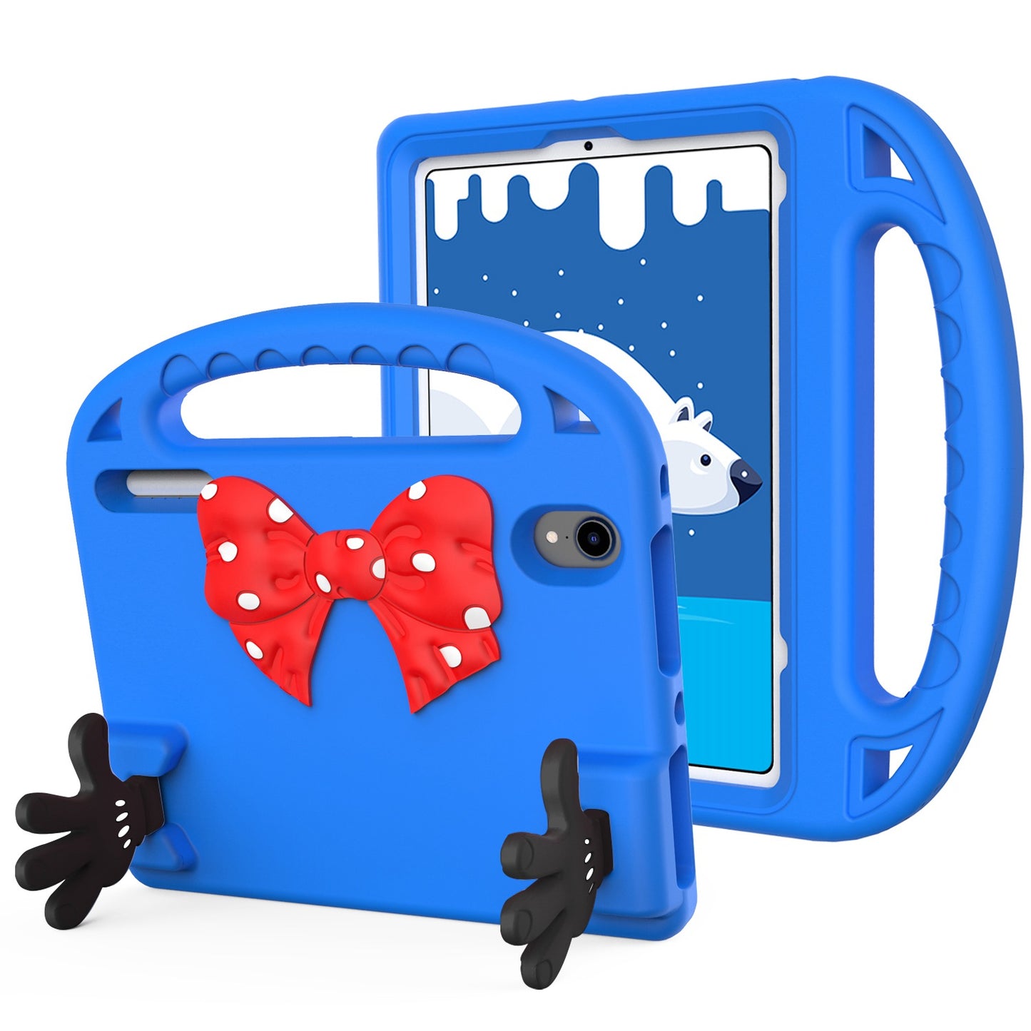 For Apple iPad Mini 6th Gen 8.3 inch Hybrid Shockproof Bow Hands Kickstand Antislip Rubber TPU Kid-Friendly Bumper Tablet Blue Phone Case Cover