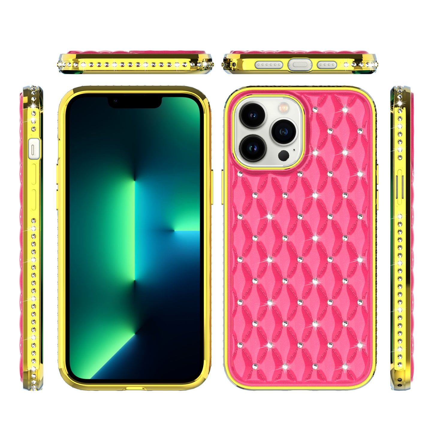 For Apple iPhone 13 Pro Max (6.7") Luxury Chrome Diamonds Rhinestone Thick Shiny Bling Protective Rubber Frame  Phone Case Cover