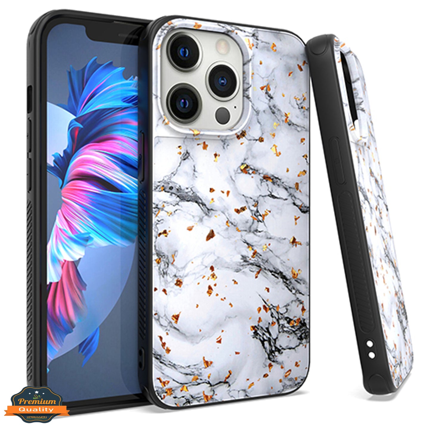 For Apple iPhone 14 (6.1") Marble Fashion Stone Stylish Flake Glitter Bling Hybrid Glossy TPU Rubber Hard PC Protection  Phone Case Cover