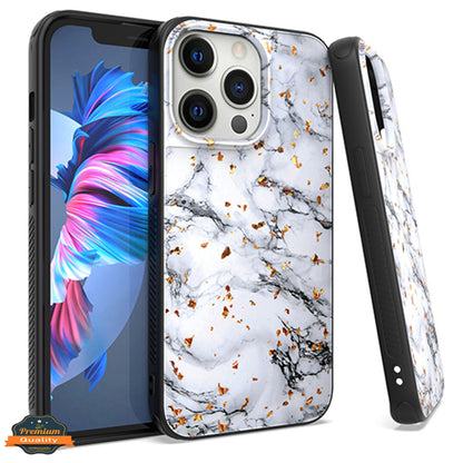 For Apple iPhone 14 (6.1") Marble Fashion Stone Stylish Flake Glitter Bling Hybrid Glossy TPU Rubber Hard PC Protection  Phone Case Cover