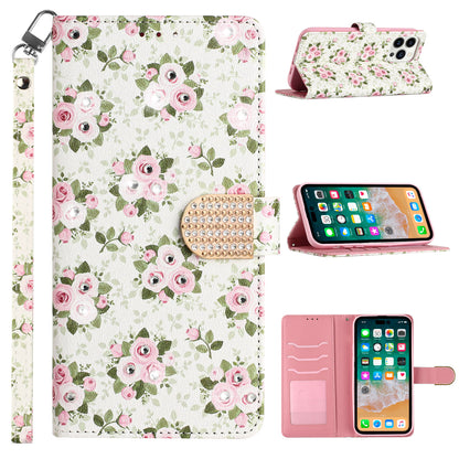 For Apple iPhone 14 Pro (6.1") Fashion Diamond Bling Design Wallet Pouch Card Slots Leather With Lanyard  Phone Case Cover