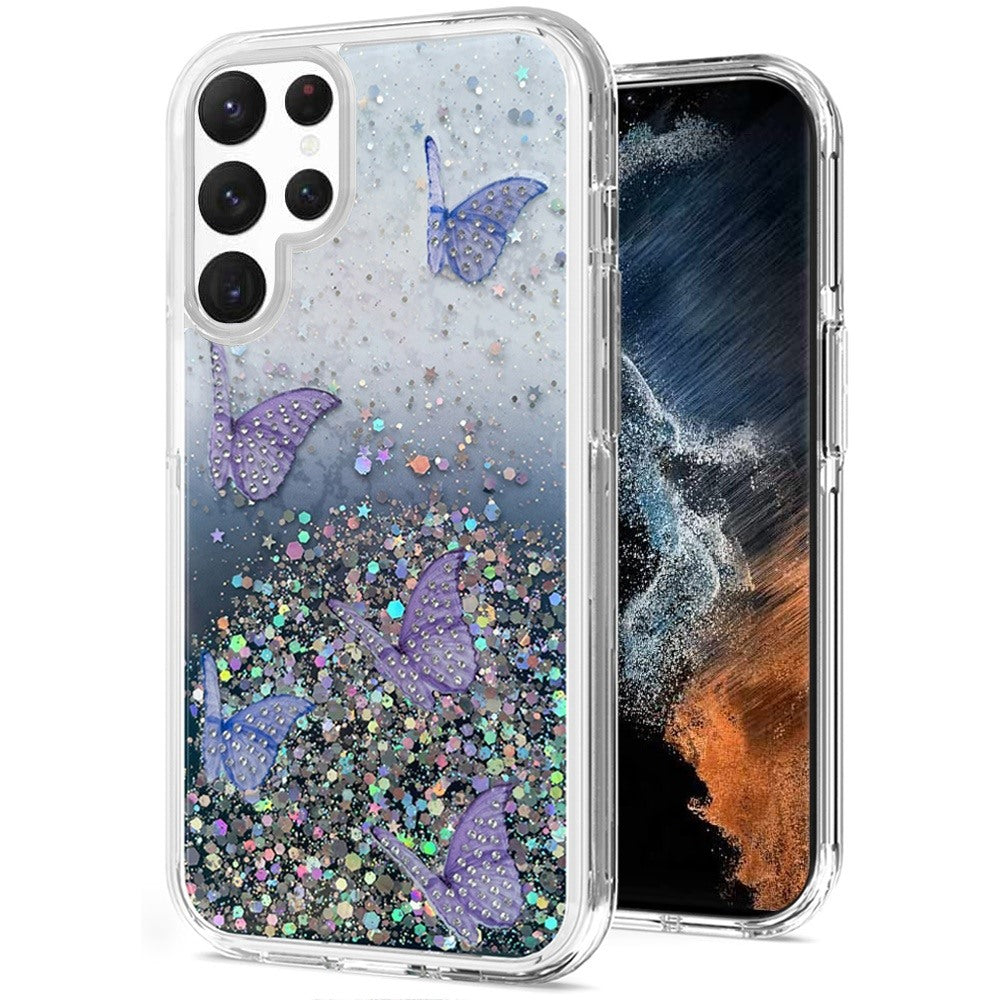 For Apple iPhone 13 Pro Max (6.7") Butterflies Glitter Bling Shiny Sparkle Glittering Flake Hybrid Hard TPU Silicone Slim  Phone Case Cover