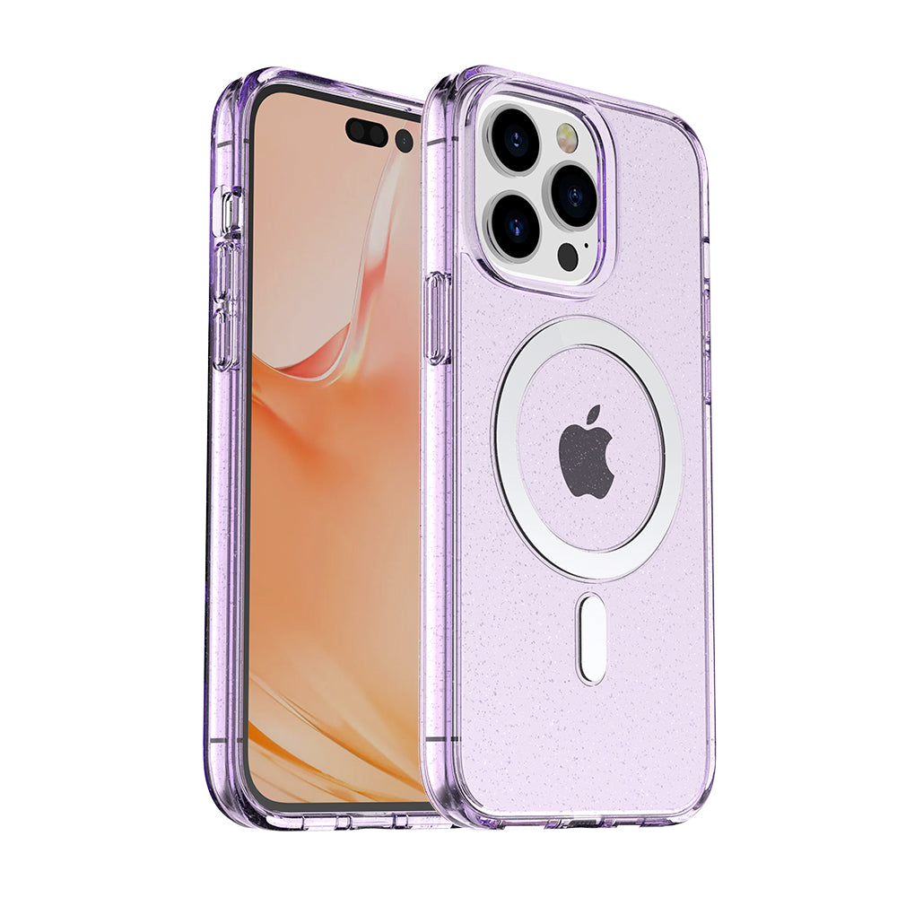 For Apple iPhone 14 (6.1") Transparent Glitter Bling Sparkly Hybrid Hard PC TPU Grip Shockproof Compatible with MagSafe Purple Phone Case Cover