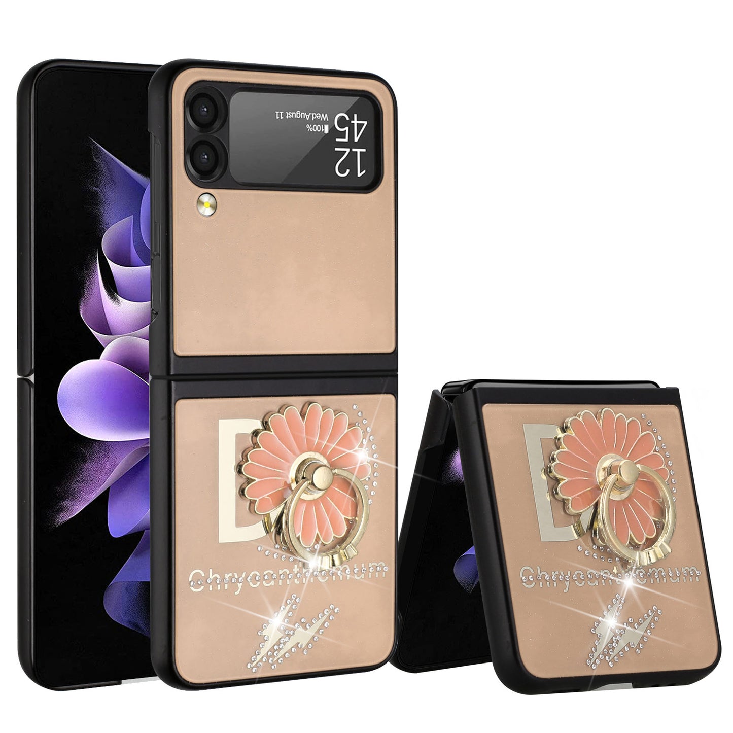 For Samsung Galaxy Z Flip 4 5G Diamond Bling Sparkly Glitter Ornaments Engraving Hybrid with Ring Stand Fashion  Phone Case Cover