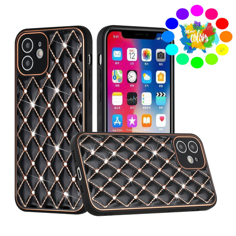 For Apple iPhone 11 (6.1") Luxury Diamonds on Electroplated Grid Design Rhinestone Protective TPU Hard PC  Phone Case Cover