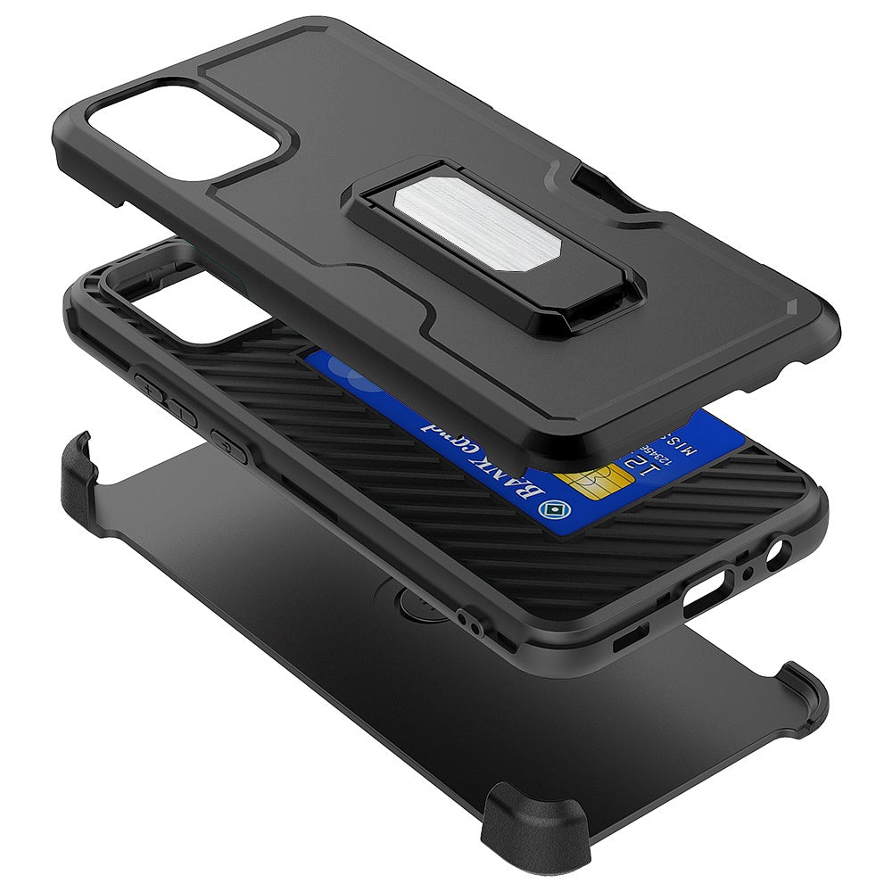 For Samsung Galaxy A23 5G Armor Belt Clip with Credit Card Holder ID Slot, Holster, Kickstand Protective Heavy Duty Hybrid Black Phone Case Cover