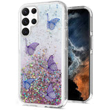 For Samsung Galaxy S22 Ultra Butterflies Glitter Bling Shiny Sparkle Glittering Flake Hybrid Hard PC TPU Silicone Slim  Phone Case Cover