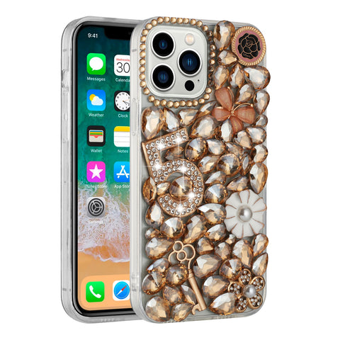 For Apple iPhone 8 Plus/7 Plus/6 6S Plus Bling 3D Full Diamonds Luxury Sparkle Rhinestone Hybrid Protective Gold Five Ornament Floral Phone Case Cover