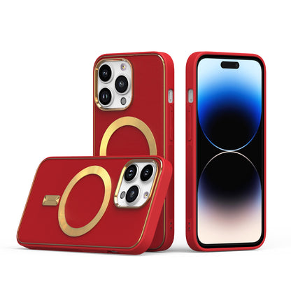For Apple iPhone 14 Pro Max (6.7") Ultimate PU Leather Hybrid with MagSafe Compatible Bumper Gold Frame Protection  Phone Case Cover