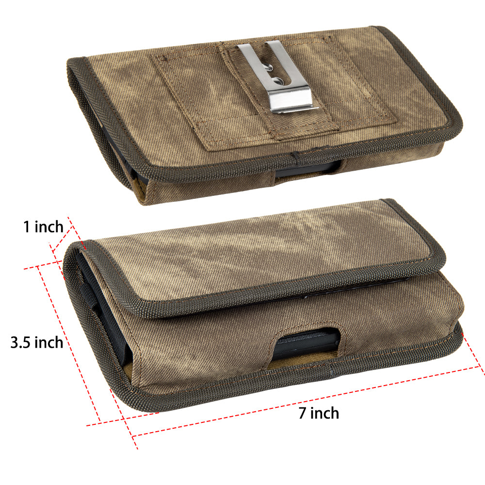 For Motorola Moto G Power 2022 Universal Horizontal Cell Phone Case Fabric Holster Carrying Pouch with Belt Clip and 2 Card Slots fit XL Devices 7" [Brown Denim]