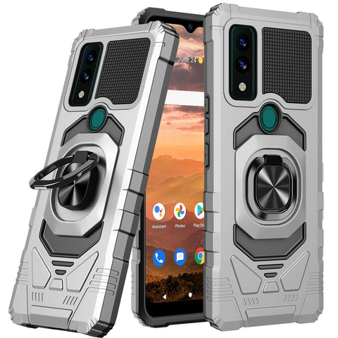 For AT&T Maestro 3 Hybrid Dual Layer with 360° Rotate Magnetic Ring Stand Holder Kickstand TPU Rugged PC Shockproof Silver Phone Case Cover