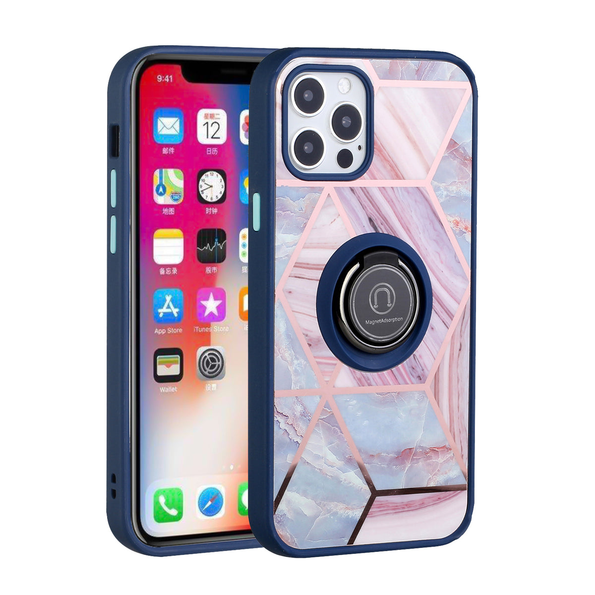 For Apple iPhone 14 Pro (6.1") Unique Marble Design with Magnetic Ring Kickstand Holder Hybrid TPU Hard Shockproof  Phone Case Cover