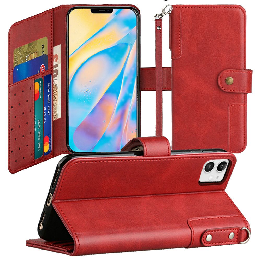 For iPhone 14 Pro (6.1") Wallet Case with Credit Card Holder, PU Leather Flip Pouch Kickstand & Strap Shockproof  Phone Case Cover