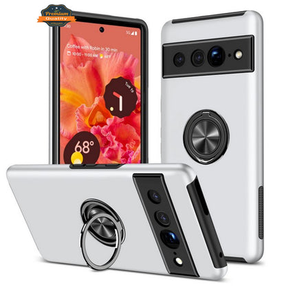 For Google Pixel 7 Pro Hybrid Military Grade with Flat Metal Ring Stand 360° Rotation Kickstand Hard PC Back + TPU Slim  Phone Case Cover