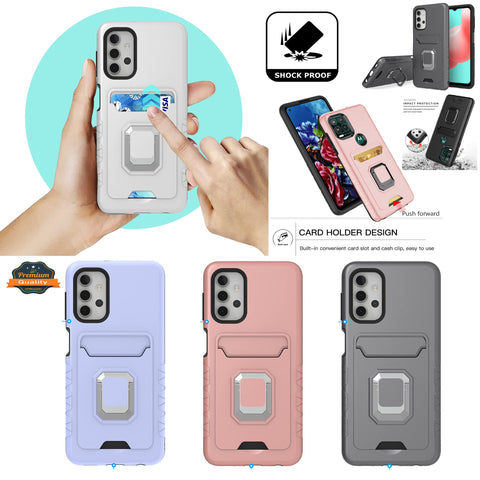 For Samsung Galaxy A13 5G Wallet Credit Card Slot Holder with Metal Ring Kickstand Heavy Duty Shockproof Hybrid Dual Layer Magnetic Stand  Phone Case Cover