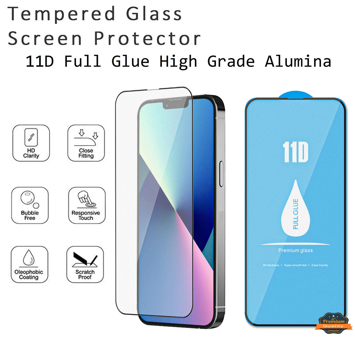 For Apple iPhone 14 Pro (6.1") Tempered Glass Screen Protector 11D Full Glue High Grade Alumina Tempered Glass Curved Screen Clear Screen Protector