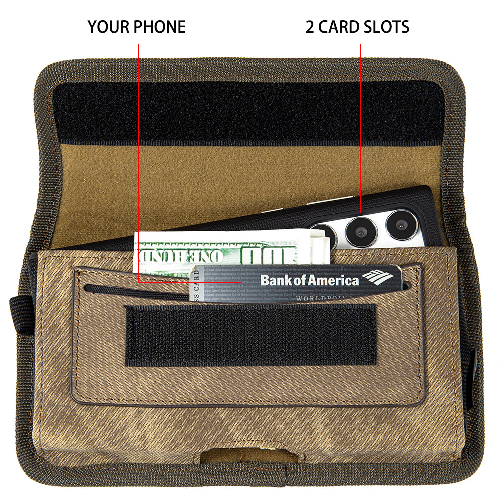 For Motorola Moto G Power 2022 Universal Horizontal Cell Phone Case Fabric Holster Carrying Pouch with Belt Clip and 2 Card Slots fit XL Devices 7" [Brown Denim]