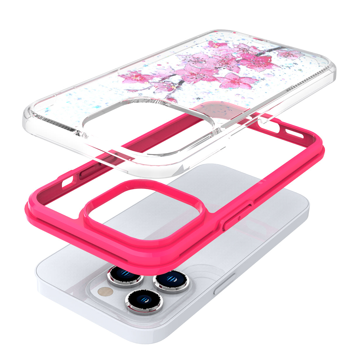 For Apple iPhone 14 (6.1") Sakura Spring Flowers Design Colorful Frame Hybrid Rubber TPU Hard Shockproof Rugged Slim  Phone Case Cover