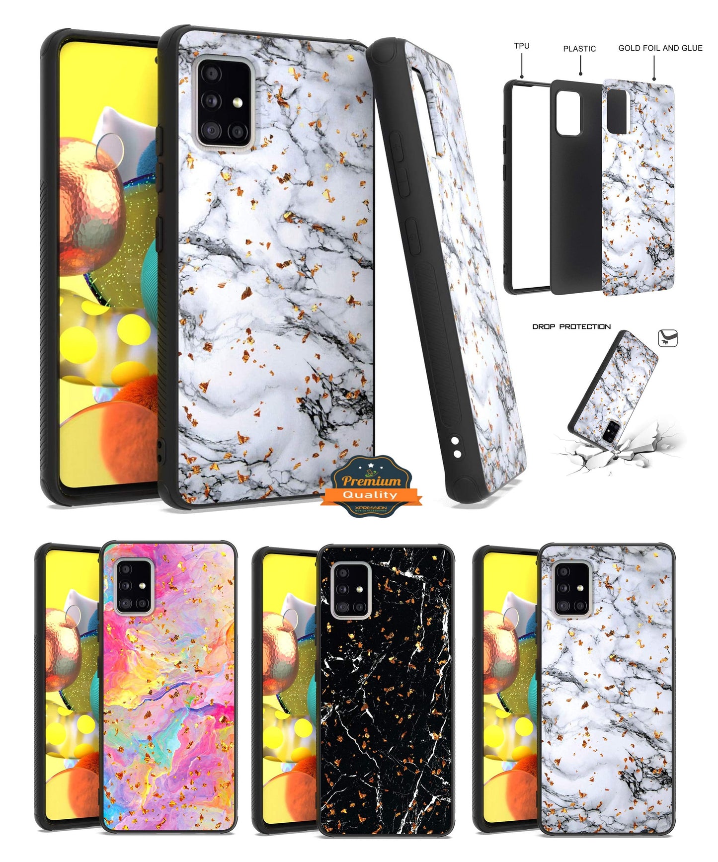 For Apple iPhone 14 (6.1") Marble Fashion Stone Stylish Flake Glitter Bling Hybrid Glossy TPU Rubber Hard PC Protection  Phone Case Cover