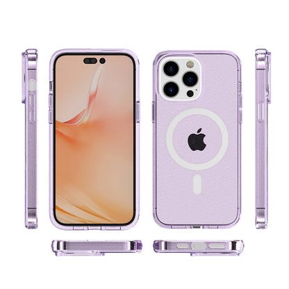 For Apple iPhone 14 Pro (6.1") Transparent Glitter Bling Sparkly Hybrid Hard PC TPU Grip Shockproof Compatible with MagSafe Purple Phone Case Cover