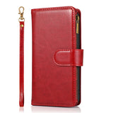 For OnePlus 10T 5G Leather Zipper Wallet Case 9 Credit Card Slots Cash Money Pocket Clutch Pouch with Stand & Strap Red Phone Case Cover