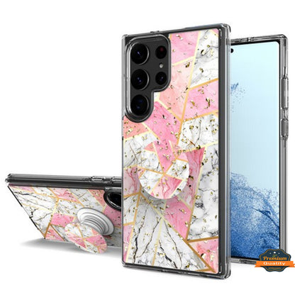 For Samsung Galaxy S23 /Plus /Ultra Elegant Pattern Design Bling Glitter Hybrid with Ring Stand Pop Up Finger Holder Kickstand  Phone Case Cover