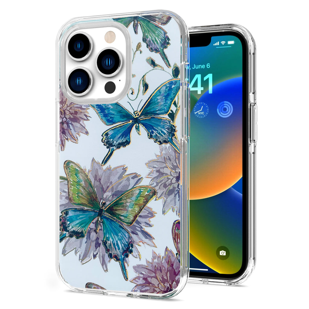 For Apple iPhone 13 Pro Max 6.7" Stylish Gold Layer Printing Design Hybrid Rubber TPU Hard PC Shockproof Rugged Slim Butterfly Floral Phone Case Cover